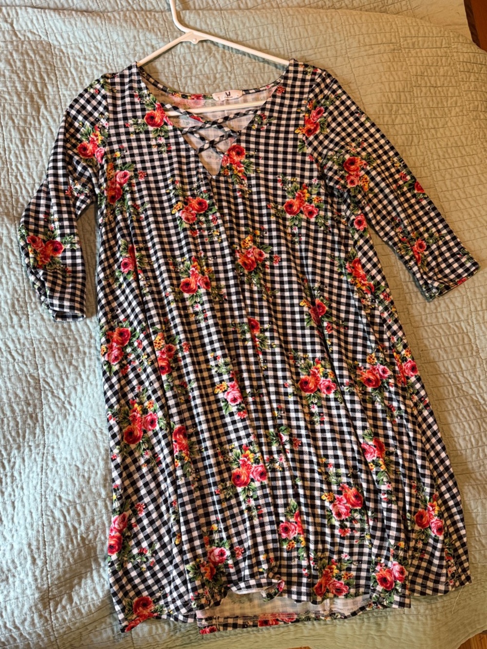 Womens' Black & White Gingham Dress with Pink Floral Print